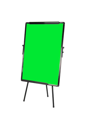 Flipchart mockup. Presentation and seminar whiteboard with green color screen. Flip chart on tripod with space for text. Chroma screenの写真素材