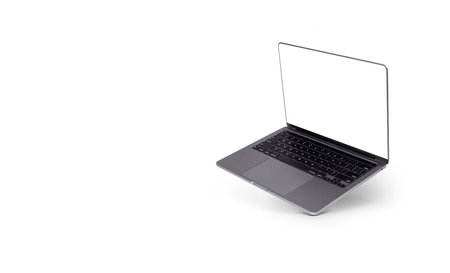 Photo of realistic modern laptop with blank white screen floating in front of a white backgroundの写真素材
