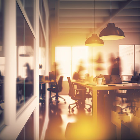 Unfocused Office Place Blur Background Defocused Modern Office Room Made with Generative AIの素材
