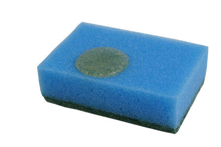 Kitchen sponge with washing-up liquid drops on a white background      の写真素材