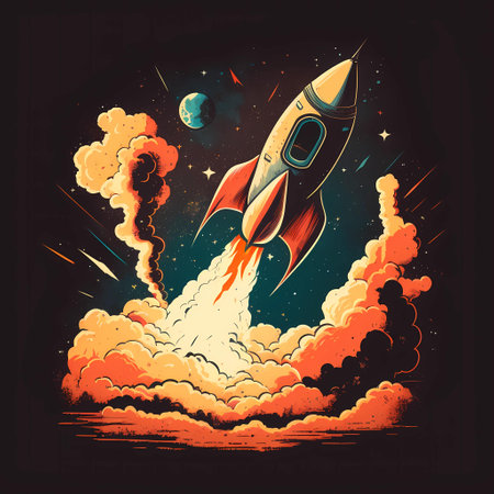 Space rocket launch into space on a black background. Vector illustration.の写真素材