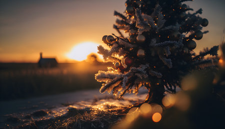 Christmas tree in the snow at sunset. Christmas and New Year backgroundの素材