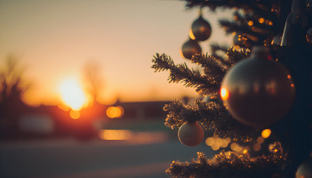 Christmas tree decorated with colorful baubles and lights at sunset.の素材