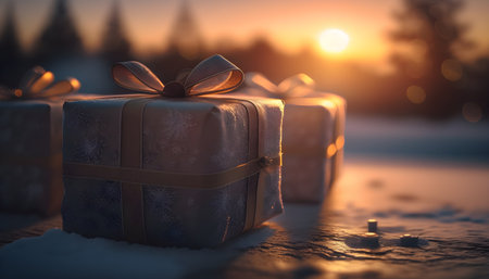 Christmas gift boxes on snow with sunset in background. Christmas background.の素材
