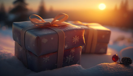 Gift boxes on snow at sunset. Christmas and New Year background.の素材