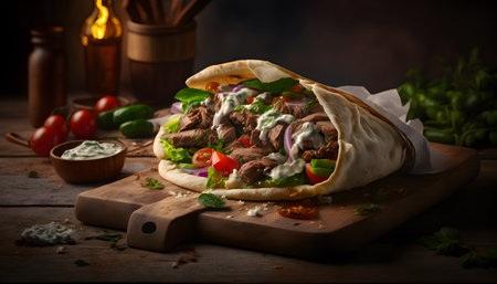 Tortilla with beef and vegetables on a wooden background. Toned.の素材