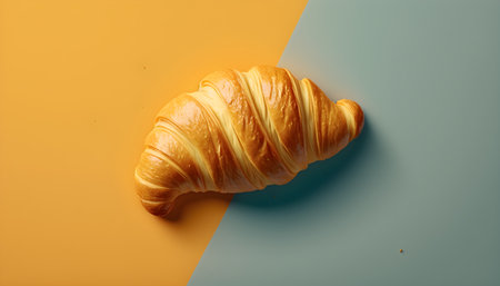 Croissant on blue and yellow background, top view, flat layの素材