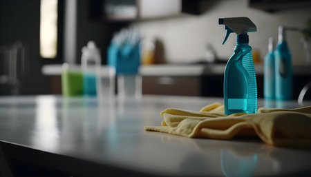 Cleaning products on the table in the kitchen. Cleaning conceptの写真素材