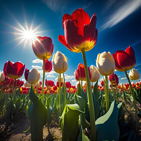 Tulips in a field on a sunny day with blue skyの写真素材