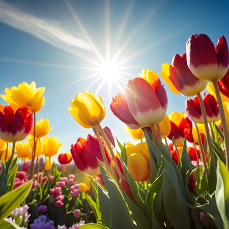 colorful tulips in the field with blue sky and sun.の写真素材