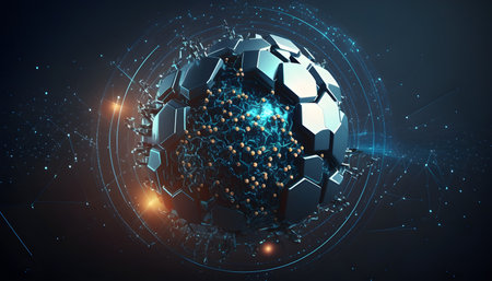 Abstract technology background with polygonal sphere and glowing particles. Vector illustrationの写真素材