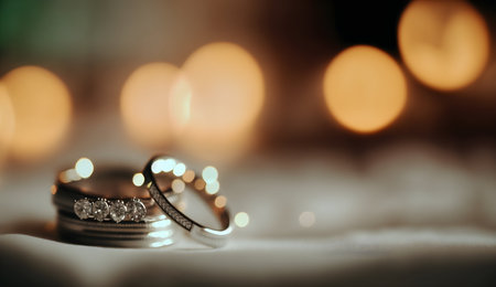 Wedding rings on a bokeh background with copy spaceの写真素材