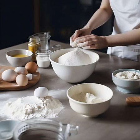 Close up of woman's hands kneading dough in kitchen.の写真素材