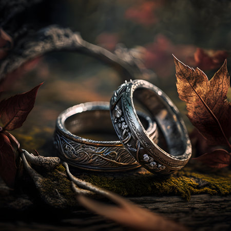 Wedding rings and autumn leaves on a wooden background. Toned.の写真素材