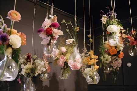 Beautiful flowers in glass vases hanging on the ceiling. Wedding decorationの写真素材