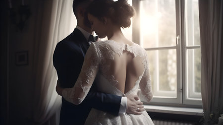 Wedding couple standing near the window and looking at each otherの写真素材