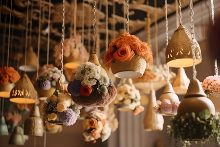 Beautiful artificial flowers hanging on ceiling in a flower shop, closeupの写真素材