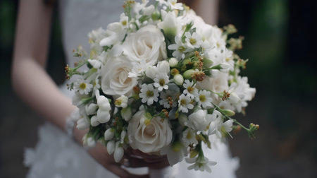 Wedding bouquet of white roses in the hands of the brideの写真素材