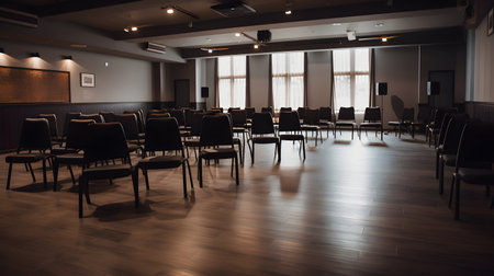 Interior of modern conference room with rows of chairs and wooden floor.の写真素材
