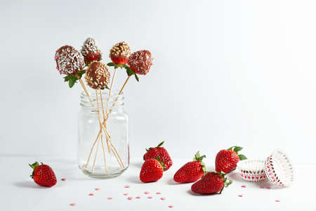 Still life of strawberries in chocolateの写真素材