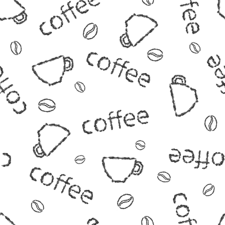 Vector seamless pattern hand drawn brush line black cup coffee and coffee beans on white backgroundのイラスト素材