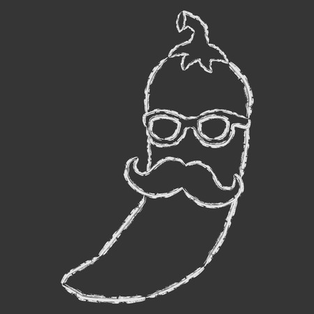 Vector hand drawn brush line white chili pepper with mustache and glasses on black backgroundのイラスト素材
