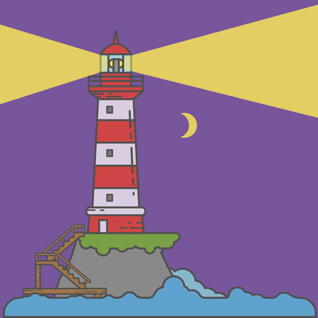 Night lighthouse on island coast icon in outline cartoon stylesのイラスト素材