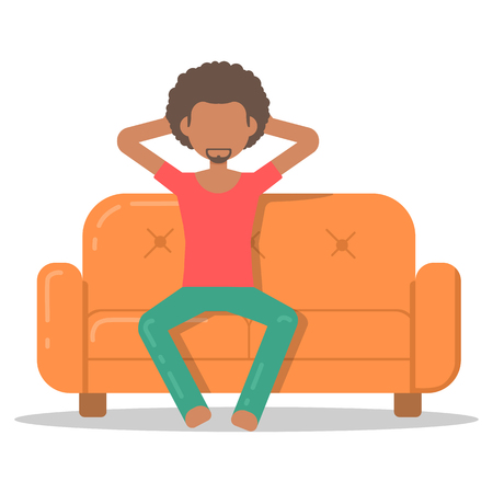 Icon afro man relax on couch in room flat style. Vector logo character on sofa in cartoon style  illustration.のイラスト素材