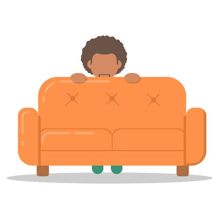 Icon afro man hiding behind on couch in room flat style. Vector logo character on sofa in cartoon style  illustration.のイラスト素材