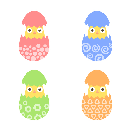 Set easter chiken in egg with ornament. Pack icon colorful chik in eggのイラスト素材