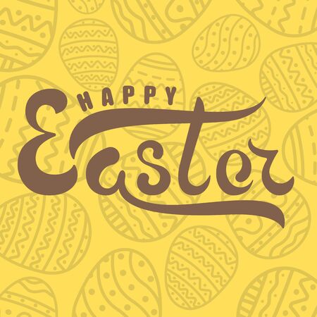 Handwritten lettering happy easter on background yellow easter egg with ornamentのイラスト素材
