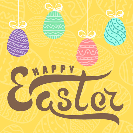 Handwritten lettering happy easter on background yellow easter egg with ornamentのイラスト素材