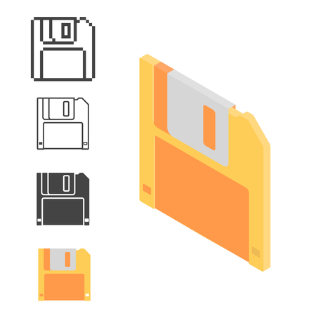 Set retro floppy disk isometric, line and pixel iconのイラスト素材