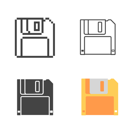 Set retro floppy disk flat, line and pixel iconのイラスト素材