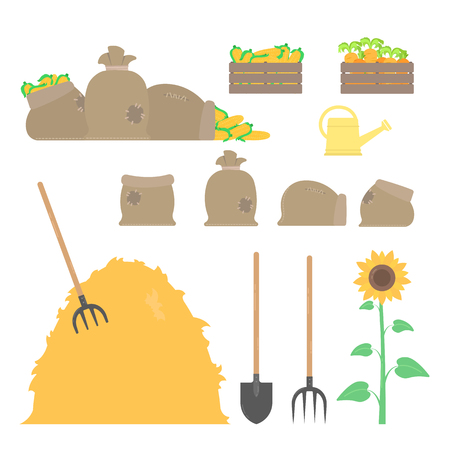 Set of agricultural tools. Shovel, pitchfork, sacks, box.のイラスト素材