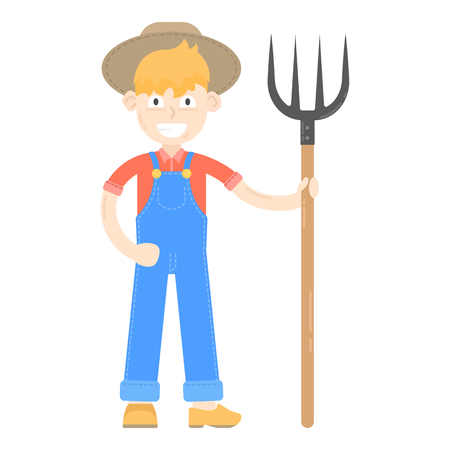 Farmer in hat dressed in a blue jumpsuit, stand with pitchforkのイラスト素材