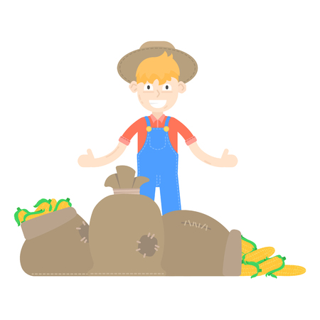 Farmer in hat dressed in a blue jumpsuit, stand about sacks of cornのイラスト素材