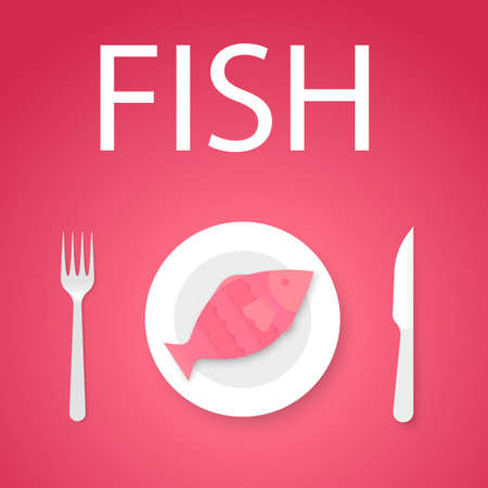 Cooked fish on plate with fork and knife, on red backgroundの写真素材