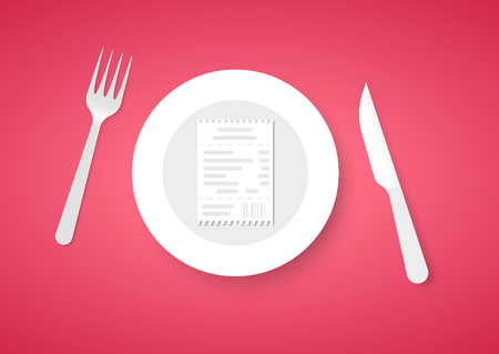 Bill for dinner for plate. Receipt for food on red backgroundのイラスト素材
