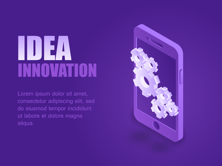 Concept idea innovation. Vector illustration isometric idea gears on smartpone screen landing page.のイラスト素材