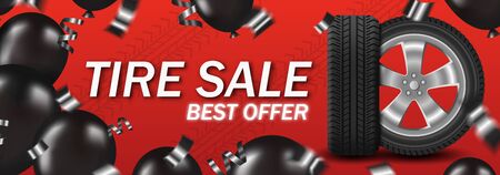 Tire sale with car wheel and black balloons and confetti on red background poster card