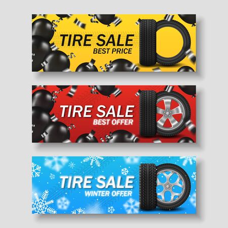 Set tire sale banner with car wheel, black balloons and snowflakesのイラスト素材