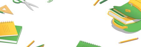 Banner with school supplies and backpack isometric with empty space for text for poster back to...