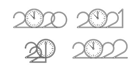Modern new year number 2020, 2021 and 2022 with christmas clock outline style bundleのイラスト素材