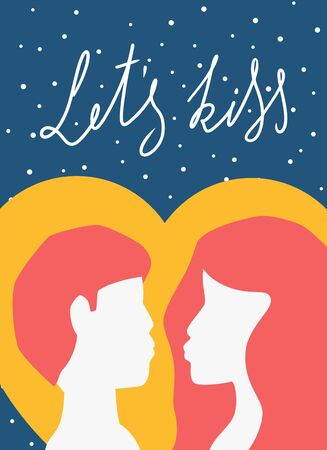 Illustration cute couple in love kissing on heart background with lets kiss lettering, brochure, poster for valentines day 14 februaryのイラスト素材