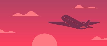 Airplane flying in the sky at sunset vector illustration. Concept vacation with plane and red sunset backgroundのイラスト素材