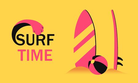 Surf time concept with surfboard in sand and ball banner. Concept summer vacation with surfingのイラスト素材