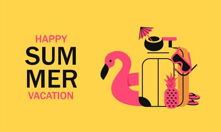 Summer vacation with travel suitcase, inflatable pink flamingo, diving mask, coconut cocktail and pineapple. Concept traveling and vacation minimalistic style with vibrant colorsのイラスト素材