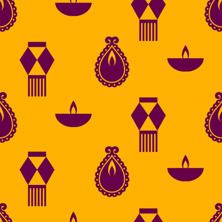 Seamless pattern with decoration for holiday Diwali, diya oil lamp, sky lantern and hanging paper lanternのイラスト素材