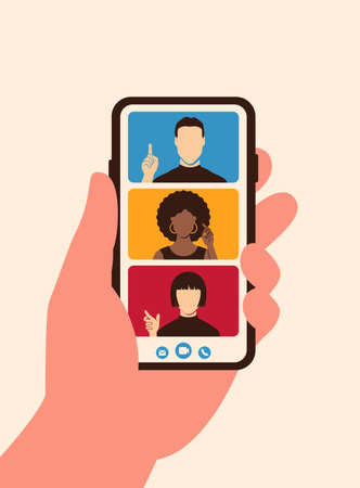 Video call team on screen phone in flat style. Online mobile video conference application conceptのイラスト素材